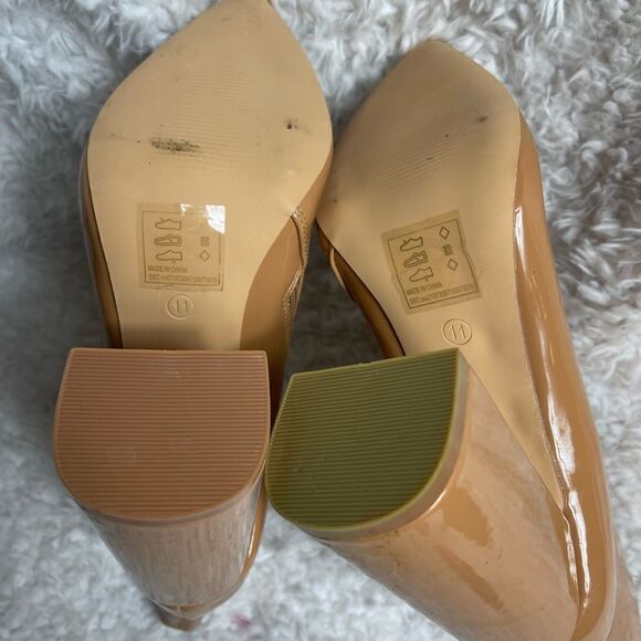 SHEIN Patent tan mid calf Boots pointed toe side zipper block heels size 11 - Picture 8 of 10